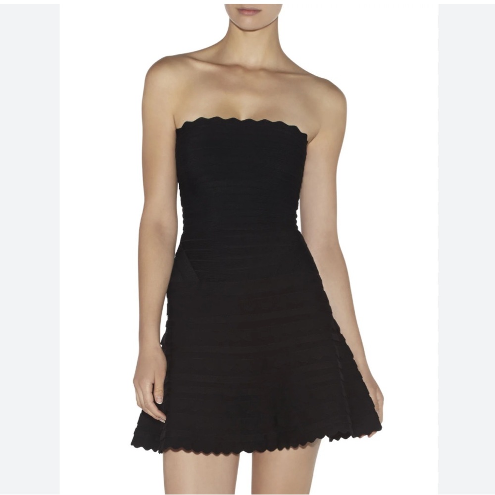 Herve Leger Phoebe Dress. Pink scalloped colorblock bandage dress